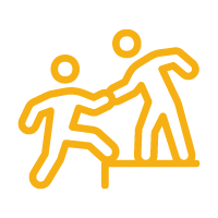 Gold outline of two people on a step. One is at the top of the step and reaching out to help the other up the step